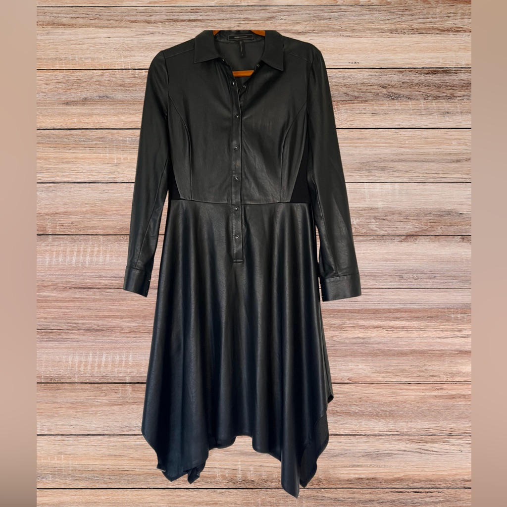 Bcbg Maxazria Black Leather Collared Asymmetrical Dress Size S